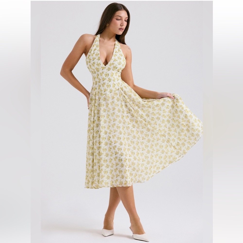 House of CB Ivory Vintage Floral Print Georgette Halter Sundress - Picture 9 of 9